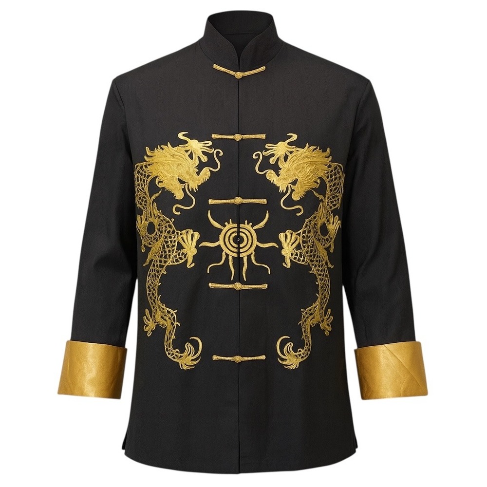Hwa Hwa M(L) W(XL) Kung Fu Jacket Black Gold Embroidered Dragon‎ Satin Martial
